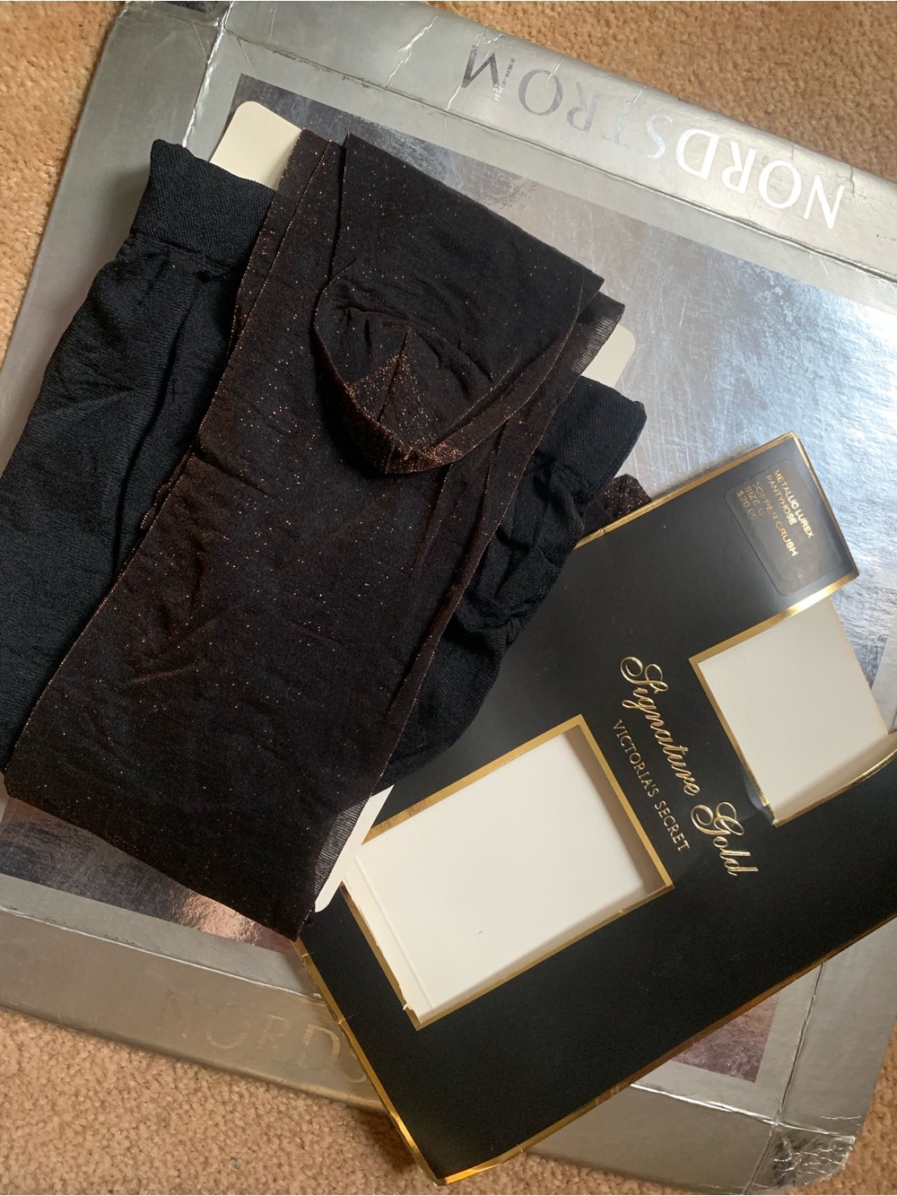 NEW RARE VICTORIA’S SECRET SIGNATURE GOLD PANTYHOSE BLACK WITH SHIMMER